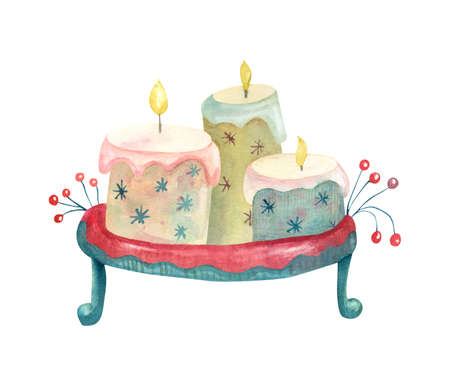 Watercolor burning candles decorated with snowflakes, berries, twigs on a tray. Hand painted painted illustration isolated on white background. Great for greeting cards design.の写真素材