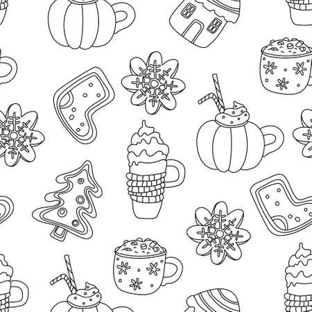 Vector Christmas seamless pattern with Xmas gingerbreads, mugs of cappuccino on white. Great for fabrics, wrapping papers, covers. Hand drawn illustration in doodle sketch style, black outline.のイラスト素材