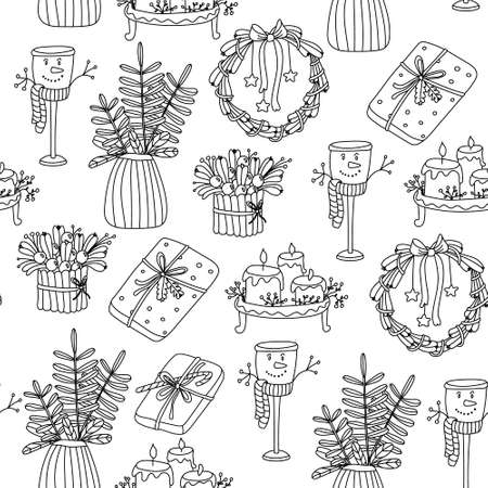 Doodle vector Christmas seamless pattern with cute candles on tray, gift boxes, wreaths, snowman wineglass, spruce branches in vase on white. Great for fabrics, wrapping papers, covers, Xmas design.のイラスト素材