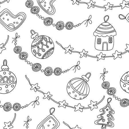 Vector Christmas seamless pattern with garland of orange slices, star shaped cookies, gingerbread and baubles or balls on white. Great for fabrics, wrapping papers, covers, Xmas design.のイラスト素材