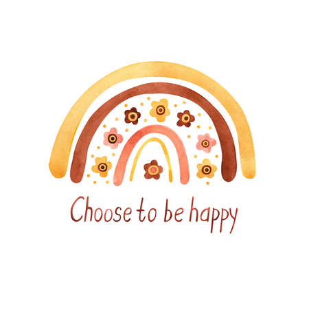 Cute watercolor poster with boho rainbow decorated with flowers. Choose to be happy lettering. Great for kids playroom, bedroom, nursery decoration. Illustration isolated on white. Muted colors.の写真素材
