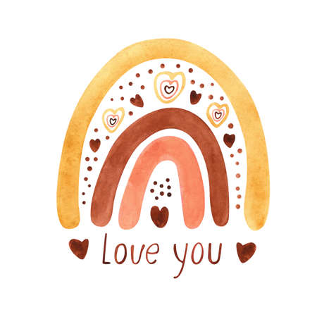 Cute watercolor poster with boho rainbow decorated with hearts. Love you lettering. Great for kids playroom, bedroom, nursery decoration. Hand painted illustration isolated on white. Muted colors.の写真素材