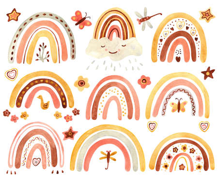 Watercolor clipart with cute boho rainbows decorated with dragonfly, butterfly, hearts, flowers. Great for kids playroom, bedroom, nursery decoration. Brown, yellow, pink. Earth muted colors.の写真素材