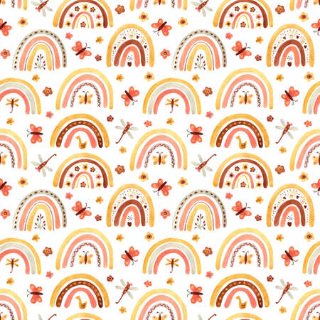 Watercolor seamless pattern with rainbows, flowers, butterflies on white. Perfect decoration for kids playroom, nursery, wallpapers, fabrics. Earth muted colors. Wrapping papers, covers, textile.の写真素材
