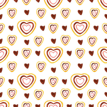 Watercolor seamless pattern with hearts on white. Perfect decoration for kids playroom, nursery, wallpapers, fabrics. Earth colors. Wrapping papers, covers, textile. Hand painted illustration.の写真素材