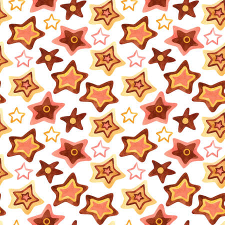 Watercolor seamless pattern with stars on white. Perfect decoration for kids playroom and bedroom, wallpapers, fabrics. Earth colors. Wrapping papers, covers, textile. Hand painted illustration.の写真素材