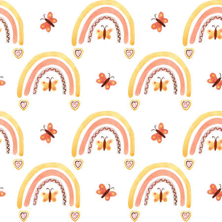 Watercolor seamless pattern with rainbows, butterflies, flowers on white. Perfect decoration for kids playroom, nursery, wallpapers, fabrics. Earth muted colors. Wrapping papers, covers, textile.の写真素材