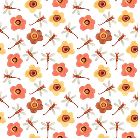 Watercolor seamless pattern with dragonflies and flowers on white. Perfect decoration for kids playroom and bedroom, nursery, wallpapers, fabrics. Earth colors. Wrapping papers, covers, textile.の写真素材