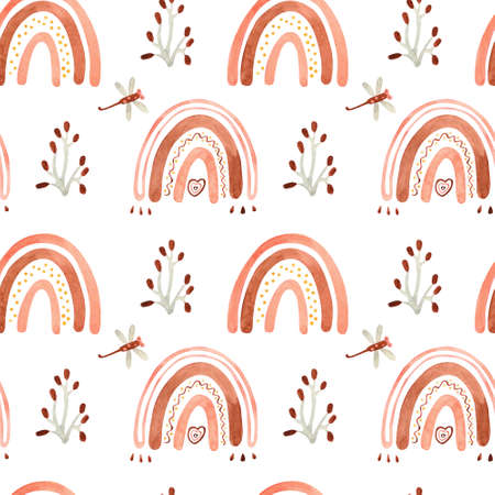 Watercolor seamless pattern with rainbows, dragonflies, sprigs on white. Perfect decoration for kids playroom and bedroom, nursery, wallpapers, fabrics. Wrapping papers, covers, textile. Pastel colors.の写真素材