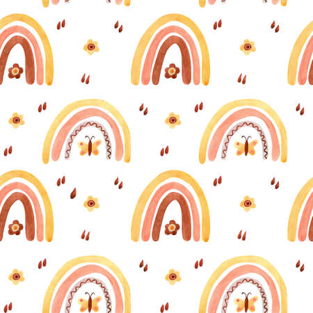 Watercolor seamless pattern with rainbows, flowers and butterflies on white. Perfect decoration for kids playroom, nursery, wallpapers, fabrics. Muted pastel colors. Wrapping papers, covers, textileの写真素材