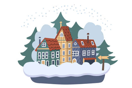 Vector winter town. Cozy houses surrounded by forest and snowdrift. Snowy day country landscape. Illustration isolated on white. Great for Christmas cards, posters. Flat design.のイラスト素材