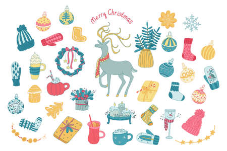 Color doodle set with Christmas decorations, sweet food and drinks. Glass baubles, garland, gingerbread, mitten, deer, wreath, cute mugs. Hand drawn vector illustration isolated on white. Xmas design.のイラスト素材