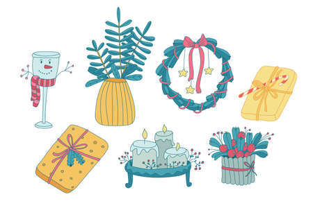 Color doodle set with colorful christmas decorations. Candles on tray, gift boxes, wreath, glass snowman, fir branches in vase. Hand drawn vector illustration isolated on white. Great for xmas design.のイラスト素材