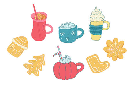 Doodle vector sweet set with Christmas drinks and gingerbread. Cookies or biscuits with glaze isolated on white. Cappuccino, mulled wine, latte in cute mugs. Great for greeting cards, poster design.のイラスト素材