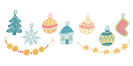 Color doodle set with Christmas decorations. Baubles decorated with patterns, garlands, gingerbread. Hand drawn vector illustration isolated on white. New year. Great for greeting cards, posters.のイラスト素材