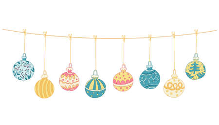 Color doodle Christmas garland with baubles or balls decorated with patterns. Hand drawn vector illustration isolated on white. Great for Xmas and New year greeting cards, posters.のイラスト素材