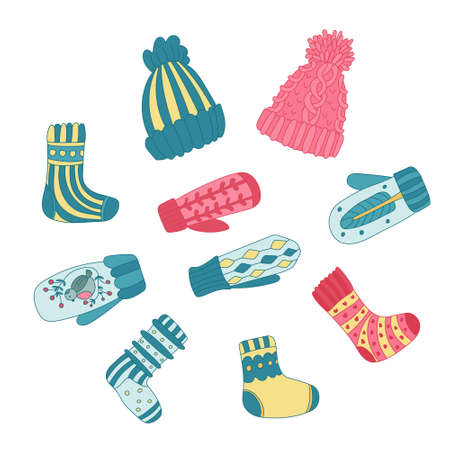 Color doodle set with cozy winter knitted clothes. Colorful cute hats, mittens, socks decorated with patterns. Hand drawn vector illustration isolated on white. Great for winter cards, posters.のイラスト素材