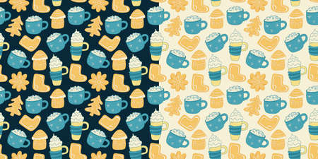 Set with two vector seamless pattern with Xmas gingerbreads, mugs of cappuccino on dark and beige backgrounds. Beautiful Christmas textile. Great for fabrics, wrapping papers, covers, baby clothes.のイラスト素材