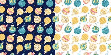 Set with two seamless patterns with colorful Christmas baubles or balls on navy blue and white backgrounds. Doodle style. Xmas and New Year textile. Great for fabrics, wrapping papers, covers.のイラスト素材