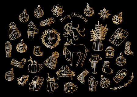 Golden Christmas decorations set in doodle style. Cute candles on tray, gift box, wreath, glass snowman, spruce branches in vase. Hand drawn vector illustration isolated on black. Gold outline.のイラスト素材