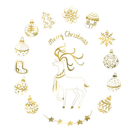 Golden Christmas set in doodle style. Cute deer, Xmas balls or baubles, gingerbreads, garland. Watercolor illustration on white background. Gold outline. Holiday design.の写真素材