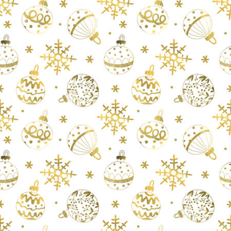 Watercolor seamless pattern with gold Christmas balls or baubles and snowflakes on white background. Beautiful Xmas and New Year textile. Great for fabrics, wrapping papers, covers, baby clothes.の写真素材