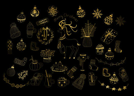 Golden Christmas decorations set in doodle style. Cute candles on tray, gift box, wreath, glass snowman, spruce branches in vase. Watercolor illustration on black. Gold outline.の写真素材