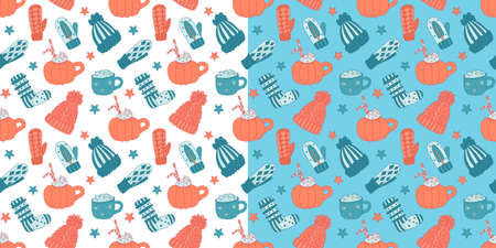 Set vector seamless patterns with knitted warm clothes, hot drinks. Hats, mittens, socks on light blue and white. Winter or Christmas textile. Great for kids or baby fabrics, wrapping papers, covers.のイラスト素材