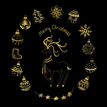 Golden Christmas set in doodle style. Cute deer, Xmas balls or baubles, gingerbreads, garland. Watercolor illustration on black background. Gold outline. Holiday design.の写真素材