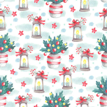 Watercolor seamless pattern with lanterns with ribbon bows and fir branches in vases on white. Christmas textile. Great for fabrics, wrapping papers, covers, Xmas design. Red, yellow and green colors.の写真素材