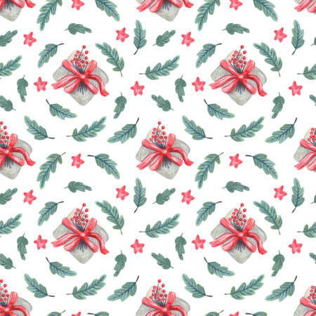 Watercolor seamless pattern with gift boxes tied with ribbon bows, stars and fir branches on white. Christmas textile. Great for fabrics, wrapping papers, covers, Xmas design. Red and green.の写真素材