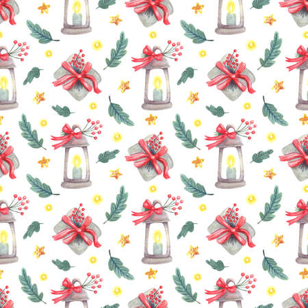 Watercolor seamless pattern with lanterns, gift boxes tied with ribbon bows on white. Christmas textile. Great for fabrics, wrapping papers, covers, Xmas design. Red, yellow and green colors.の写真素材