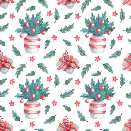 Watercolor seamless pattern with gift boxes tied with ribbon bows and fir branches in vases on white. Christmas textile. Great for fabrics, wrapping papers, covers, Xmas design. Red and green.の写真素材
