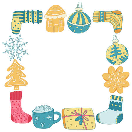 Square frame with colorful Christmas balls, socks, decorations. Hand drawn vector illustration. Great for Xmas, New year design, greeting cards, invitation template. Color doodle style.のイラスト素材