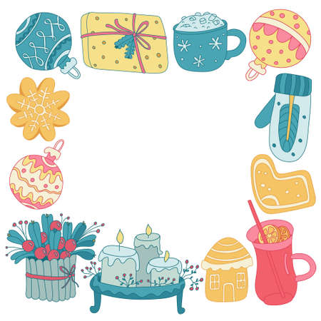 Square frame with colorful Christmas balls, gingerbread, drinks, decorations. Hand drawn vector illustration. Great for Xmas, New year design, greeting cards, invitation template. Color doodle style.のイラスト素材