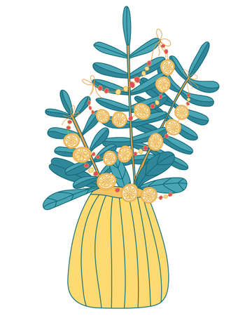 Spruce branches in a yellow vase. Christmas tree twigs bouquet decorated with christmas garland with slices of orange. Hand drawn vector doodle illustration isolated on white. Color outline. Xmas cardのイラスト素材