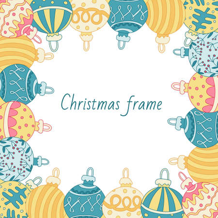 Square frame with colorful Christmas baubles or balls decorated with patterns. Hand drawn vector illustration. Great for Xmas, New year design, greeting cards, invitation template. Color doodle style.のイラスト素材