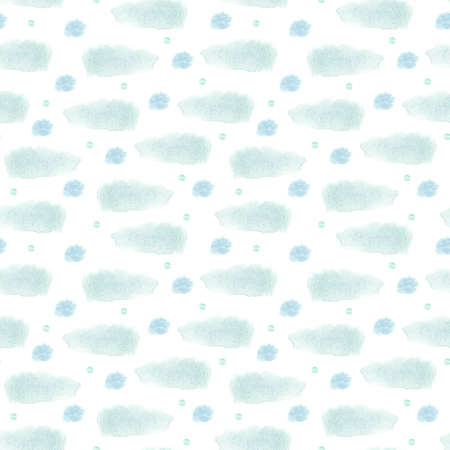 Watercolor seamless pattern with light bluish-green clouds or stains on white. Great for fabrics, wrapping papers, covers, digital paper. Hand painted endless texture. Turquoise color.の写真素材