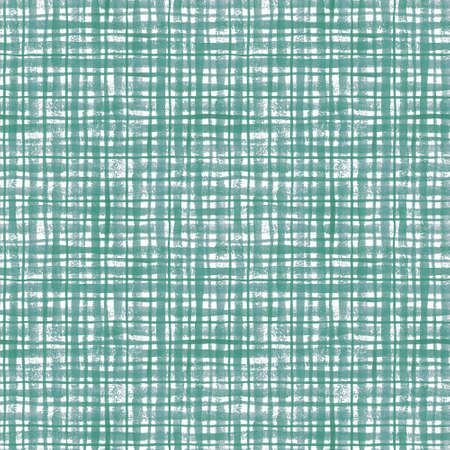 Watercolor bluish-green checkered seamless pattern on white. Great for fabrics, wrapping papers, covers, digital paper. Hand painted checkered endless texture. Smeared grunge stripes. Turquoise color.の写真素材