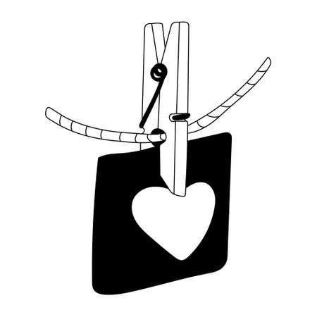 Love note decorated with heart with a clothespin on a rope. Valentine's day decoration. Vector doodle illustration for posters and greeting cards design isolated on white. Black outline.のイラスト素材