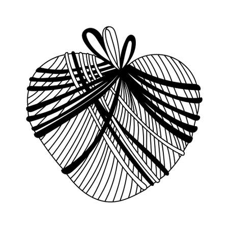 Heart wrapped in ribbons. Valentine's day decoration. Vector doodle illustration for posters and greeting cards design isolated on white. Black outline.のイラスト素材
