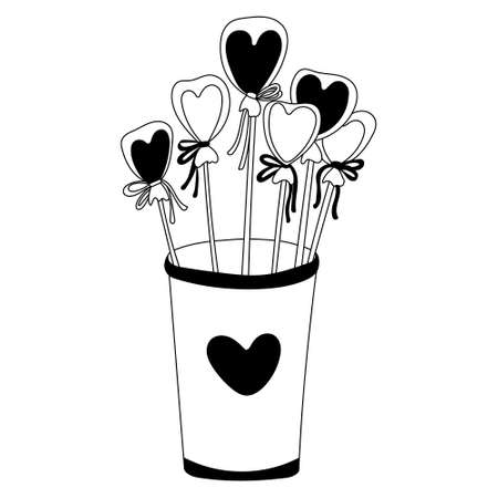 Heart shaped lollipop candies sticking out of a cup decorated with a heart. Valentine's day decor. Vector doodle illustration for posters and greeting cards design isolated on white. Black outline.のイラスト素材