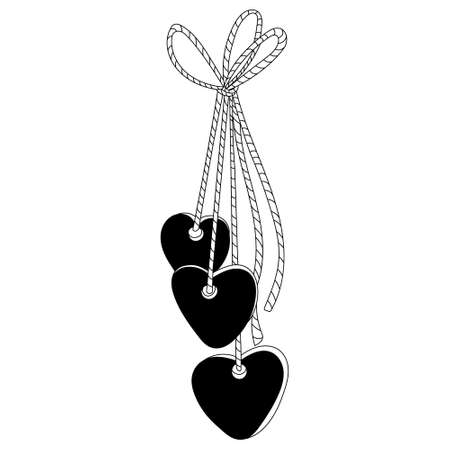 Cute hearts hanging on a rope. Valentine's day decoration. Vector doodle illustration for posters and greeting cards design isolated on white. Black outline.のイラスト素材