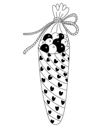 Cone bag with sweets decorated with hearts and ribbon. Valentine's day decoration. Vector doodle illustration for posters and greeting cards design isolated on white. Black outline.のイラスト素材