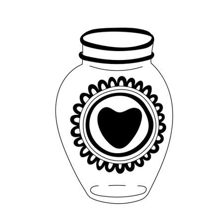 Glass jar decorated with heart. Valentine's day decoration. Vector doodle illustration for posters and greeting cards design isolated on white. Black outline.のイラスト素材