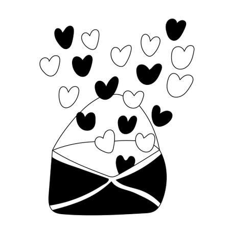 Envelope with a heart shaped love message. Valentine's day decoration. Vector doodle illustration for posters and greeting cards design isolated on white. Black outline.のイラスト素材