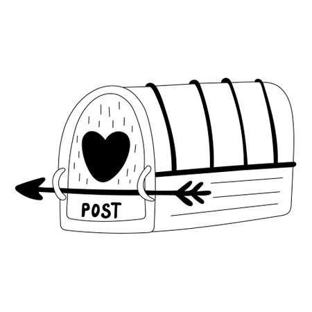 Mailbox decorated with heart and arrow. Love mail, post. Valentine's day decoration. Vector doodle illustration for posters and greeting cards design isolated on white. Black outline.のイラスト素材