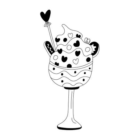 Dessert decorated with whipped cream and hearts in sundae glass, bowl. Valentine's day decoration. Vector doodle illustration for posters and greeting cards design isolated on white. Black outline.のイラスト素材