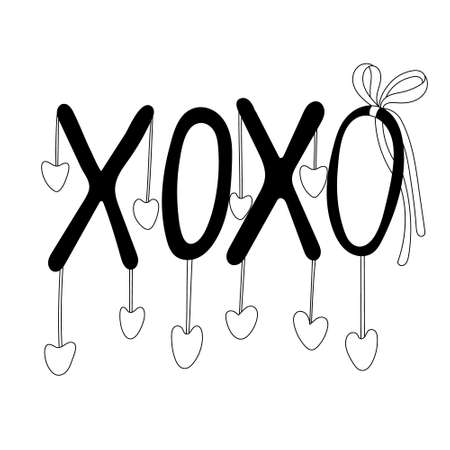 XOXO lettering or phrase decorated with hearts and ribbon bow. Valentine's day decoration. Vector doodle illustration for posters and greeting cards design isolated on white. Black outline.のイラスト素材