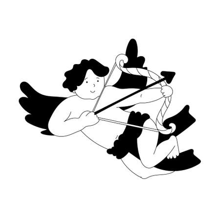 Cute cupid with a bow and and arrow. Valentine's day design element. Vector doodle illustration for posters and greeting cards isolated on white. Black outline. Little angel of love.のイラスト素材